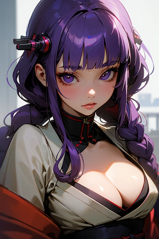 1 Girl, Blunt bangs, Braiding, Wide sleeves, hair ornaments, kimono, Says Obi, (Purple Hair:1.2), Very long hair, Straight hair, Looking at the audience, Highly detailed background, (Realistic:1.2), Beautiful Eyes, Red eyeshadow, Written boundary depth,thigh, (Urzan-6500:0.7), Upper Body, (alone:1.2), (Cyberpunk City:1.1), Cleavage,,Shiny skin、(Belly button exposed).((Face close-up))