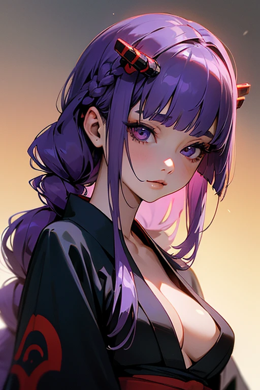 1 Girl, Blunt bangs, Braiding, Wide sleeves, hair ornaments, kimono, Says Obi, (Purple Hair:1.2), Very long hair, Straight hair, Looking at the audience, Highly detailed background, (Realistic:1.2), Beautiful Eyes, Red eyeshadow, Written boundary depth，thigh, (Urzan-6500:0.7), Upper Body, (alone:1.2), (Cyberpunk City:1.1), Cleavage,,Shiny skin、(Belly button exposed).((Face close-up))