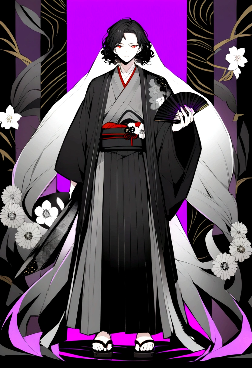 Male anime character Height 1.9 mts, black curly hair reaching the shoulders, Traditional gray kimono from Japan with black and white flowers, traditional sandals, red eyes with purple glow and a black fan in the right hand