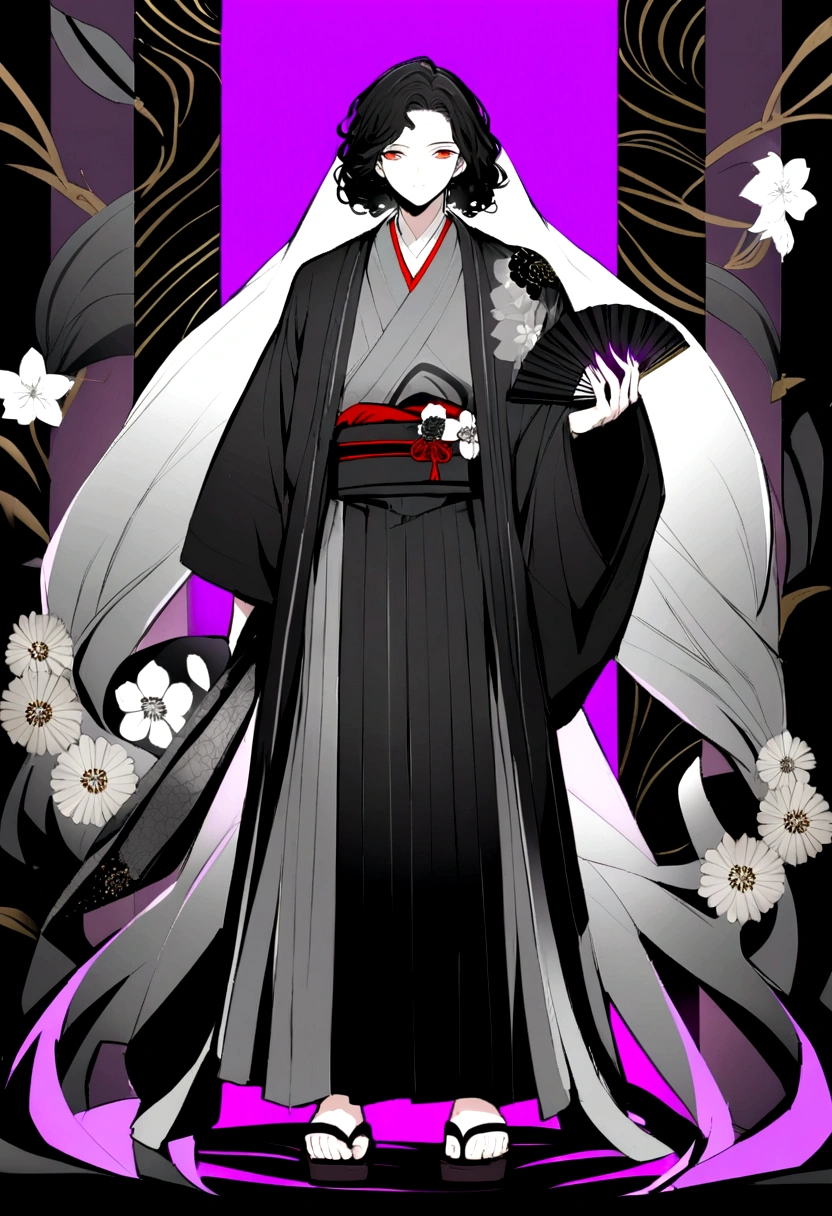 Male anime character Height 1.9 mts, black curly hair reaching the shoulders, Traditional gray kimono from Japan with black and white flowers, traditional sandals, red eyes with purple glow and a black fan in the right hand