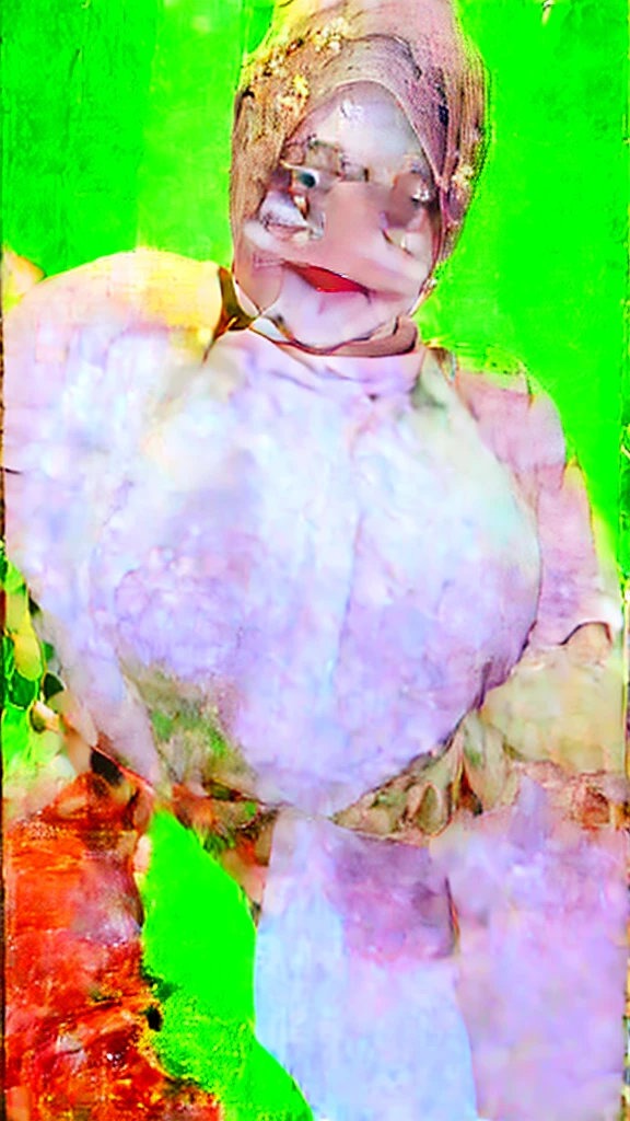 Indonesian woman wearing hijab, under tree, big breast, white skin, smile, full body, curvy body