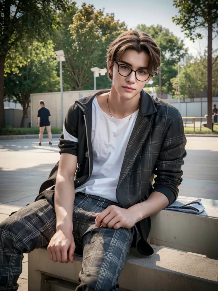 1  boy, detailed eyes, curly brown hair, pale smooth skin, sitting outdoors, black skinny jeans, plaid shirt outerwear, t-shirt, looks like model, (best quality,4k,8k,highres,masterpiece:1.2),ultra-detailed,(realistic,photorealistic,photo-realistic:1.37),hyperrealistic, cinematic lighting, professional photography, natural setting, warm color tones, pale skin ultra realistic soft smooth skin, soft smile, wearing glasses, skater boy vibe, sitting at skatepark, handsome man, very handsome face, white boy with handsome face, hair on shoulder