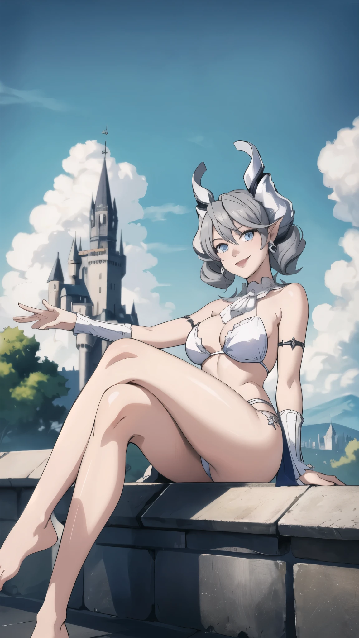 Outside castle top High level image quality best image quality 8K adult woman silver castle outside more colors whole body view portrait bikini horn ears short hair((shortcut)(gray hair)(perm)(fluffy)) eye color is blue , , attractive evil face , smile , sexy pose , labrynth , barearm , wearing white , sitting crossed legs styles , view foot arc , view side