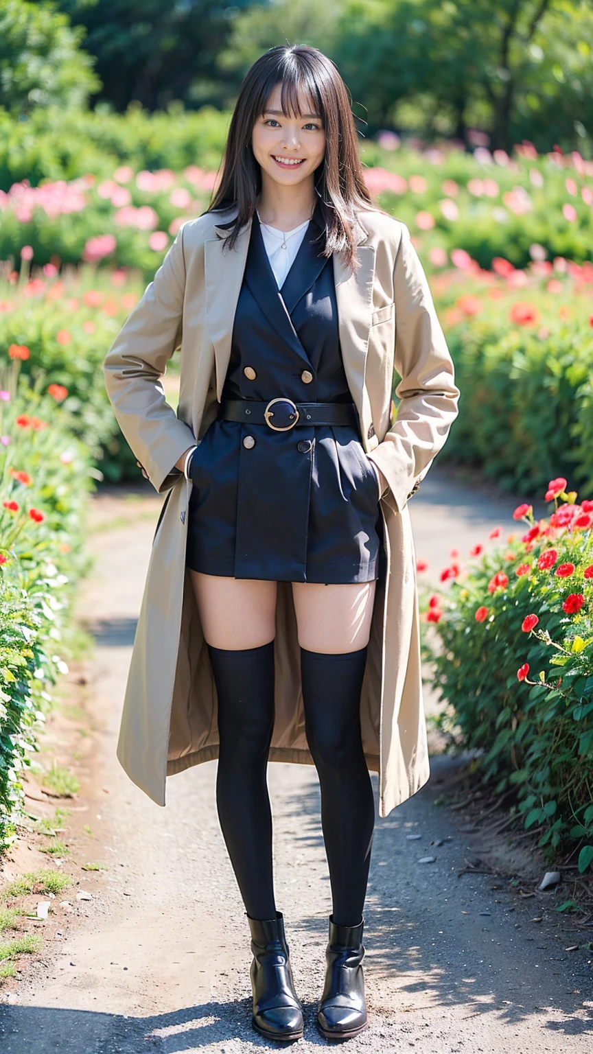 (8K、RAW Photos、Highest quality、masterpiece:1.2)、(Realistic、Realistic)、1 Girl、((Check mini skirt、Long coat、Medium Hair、black、Thin legs、whole body、boots、blackいコート、one piece、tights、garden、View from the front、smile、Looking into the camera、belt、Stand with hands on hips))、cute