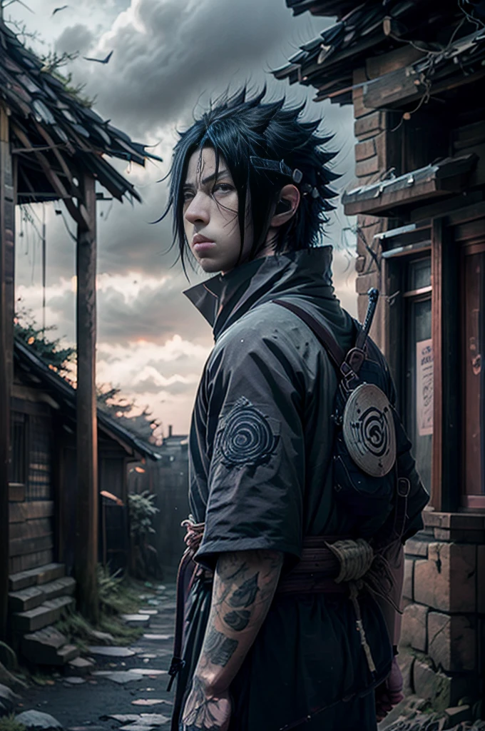 A man wearing red contact lenses and long flowing black hair combed neatly forward like Uchiha Sasuke from the anime Naruto Shippuden. He was wearing a black suit with a high collar and long, slightly puffed sleeves, as well as a wide black belt at the waist. He also has a Konoha shinobi forehead protector on his head, and a sword on his back. The background is a view of the Hidden Leaf Village, with white clouds and blue sky visible through the trees.