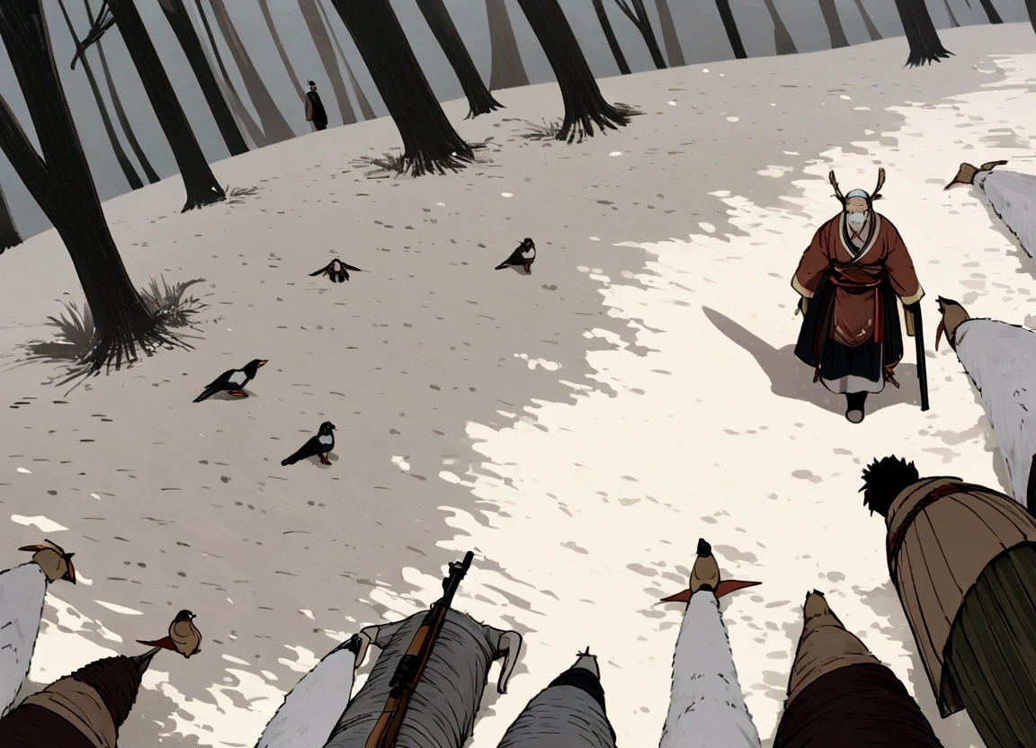 An old hunter wearing a coat made of animal fur in the snowy forests of ancient Japan1People standing,elder,((Matagi)),Old-fashioned clothing,Bird's-eye view,Overhead looking down angle,男のelder,Hunting rifle,coir,Top-down composition,Dynamic composition,