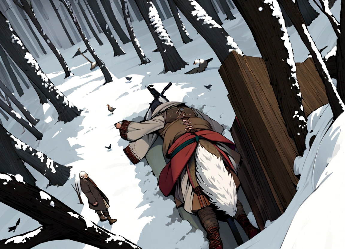 An old hunter wearing a coat made of animal fur in the snowy forests of ancient Japan１People standing,elder,((Matagi)),Old-fashioned clothing,Bird&#39;s-eye view,Overhead looking down angle,男のelder,Hunting rifle,coir,Top-down composition,Dynamic composition,