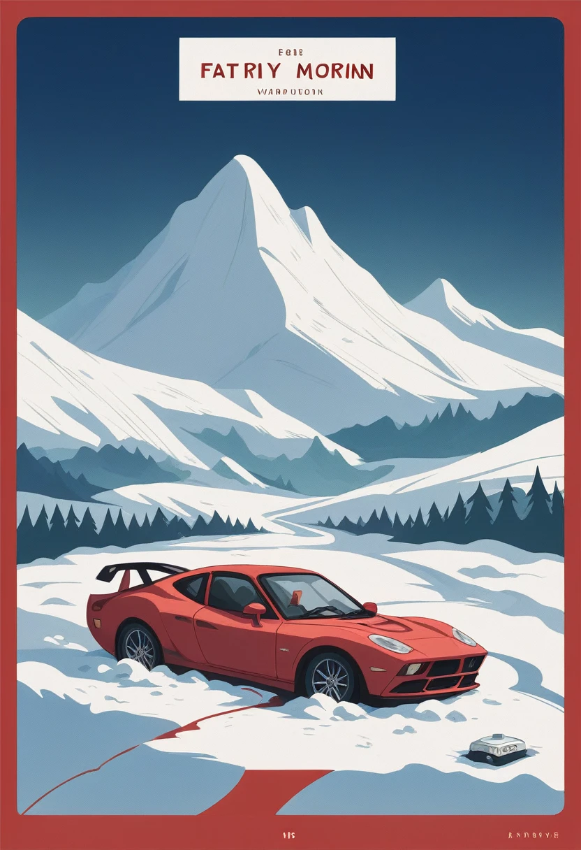 car poster, Procreate, red, Ferrari F40, vector art, minimalist, high resulotion, snowy mountain background