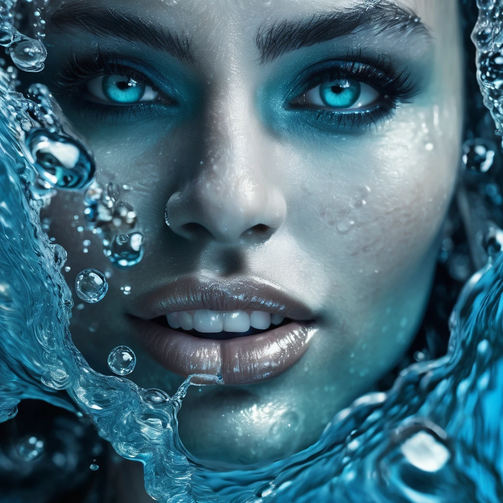 An extreme close-up of human face partially submerged in swirling, ripling, water, piercing gaze emerging from the cascading liquid textures and patterns, capture intricate details like droplets light refracting, through the water in shade of blue, teal, and silver. The mouth should be slightly open with water splashing around the lips.