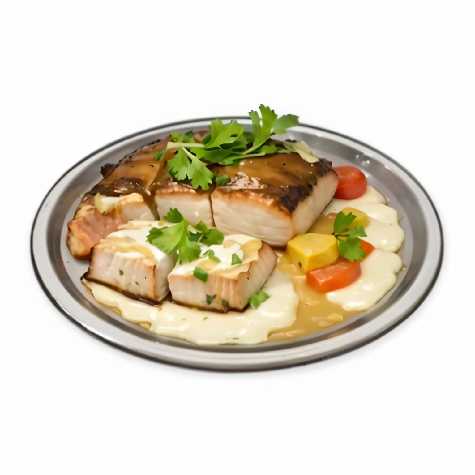 There is a plate of food,It has meat and vegetables on top, gourmet cooking, delicious food, Offer a plate of food, Hyper-realistic food pictures, served 在plate上, cooking, High-quality scans, full plate, cod, ❤🔥🍄🌪, in the game, 在plate上, plate, Monitor, salmon, in the game image, Best Chef