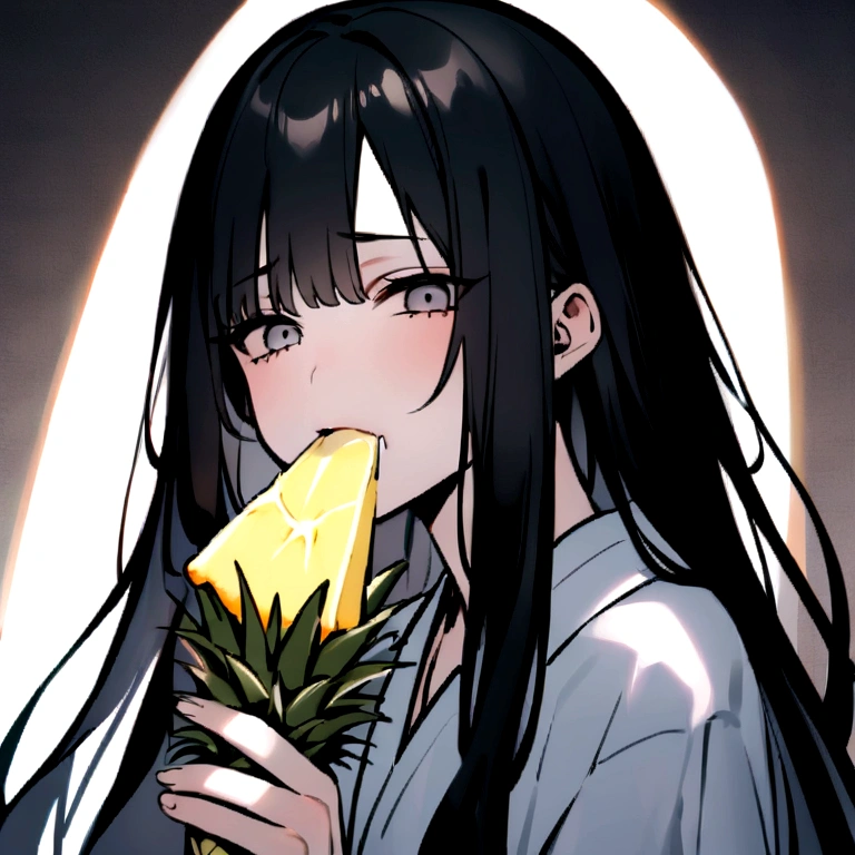 Japanese women、beautiful、One person、Upper Body、Black Hair、Long Hair、A lot of white mist coming out of my head、Drooling、With a slice of pineapple in his mouth、Looking at me sadly