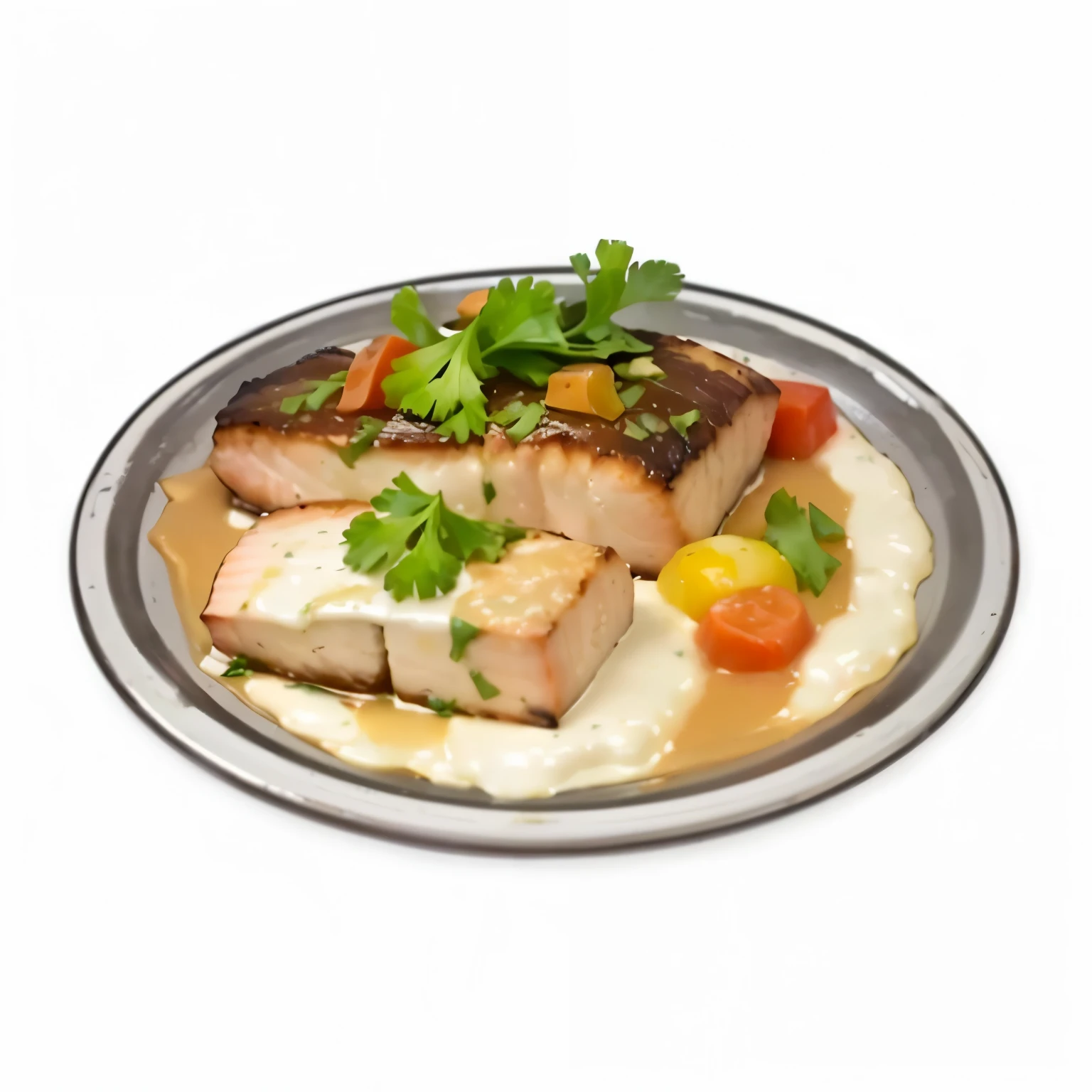 There is a plate of food,It has meat and vegetables on top, gourmet cooking, delicious food, Offer a plate of food, Hyper-realistic food pictures, served 在plate上, cooking, High-quality scans, full plate, cod, ❤🔥🍄🌪, in the game, 在plate上, plate, Monitor, salmon, in the game image, Best Chef
