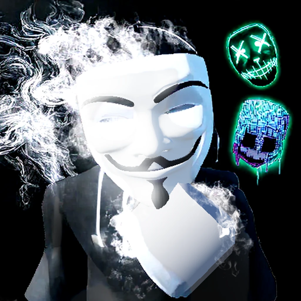 This is a picture of a roblox gfx hacker wearing a black shirt and taking off his hacker mask, looking very cool, surrounded by smoke. Black background, everything becomes super cool.