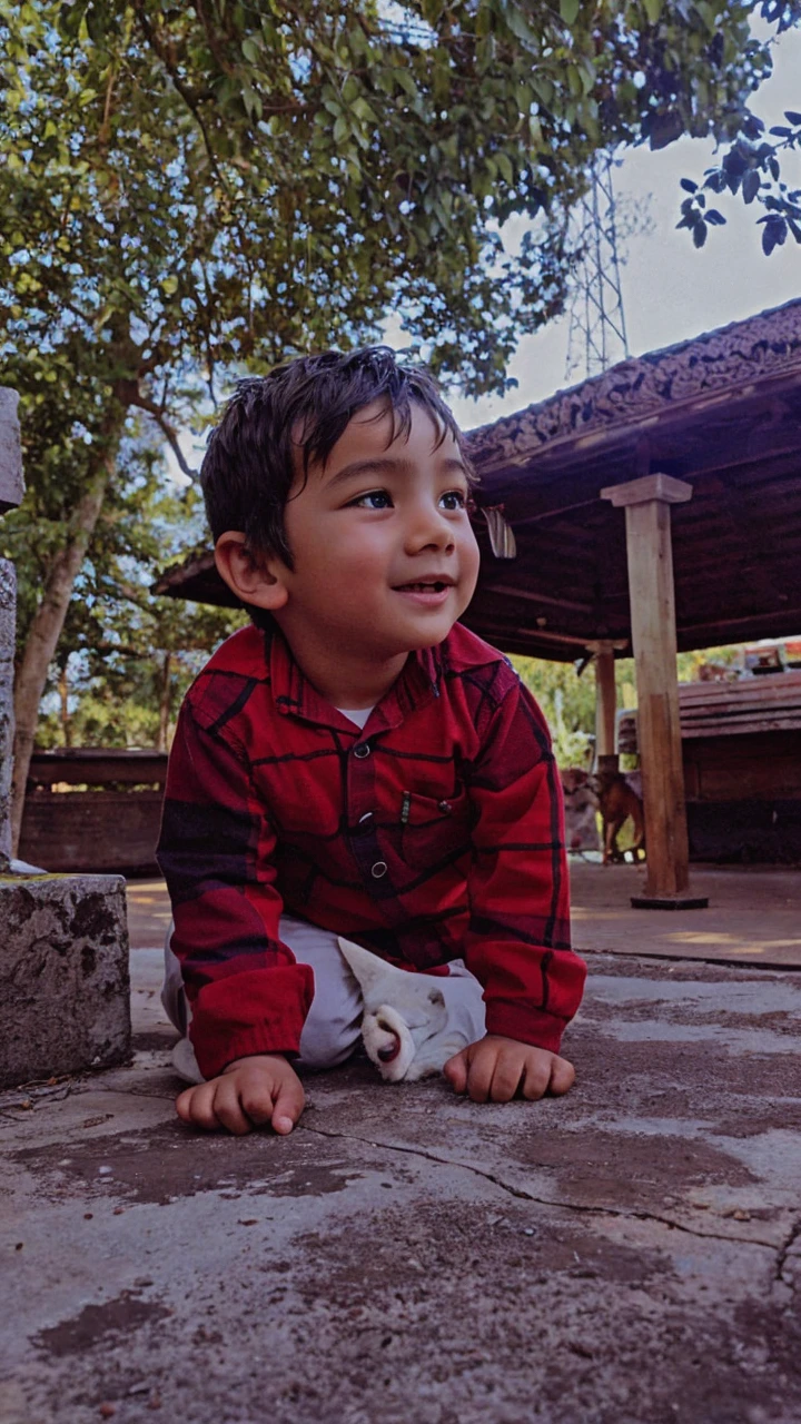 a boy playing with dog