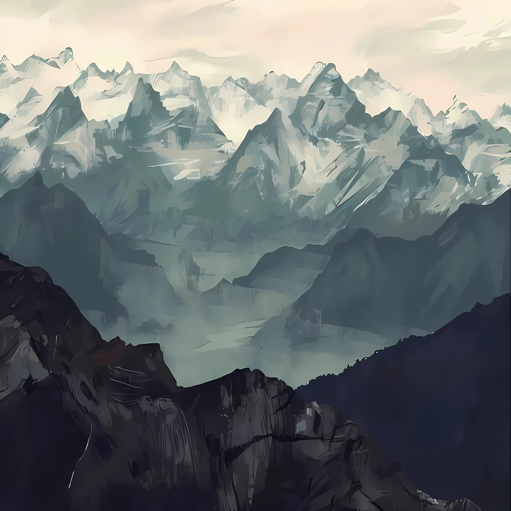 There are several snow-capped mountains in the distance, Mountain View, Low Detail. Digital Painting, high detail Digital Painting, detailed Digital Painting, Mountains, 背景中的Mountains, very detailed Digital Painting, 4 k Digital Painting, 4k Digital Painting, Behind it is the mountains, There are some mountains in the background, Digital Landscape Art, Digital concept art