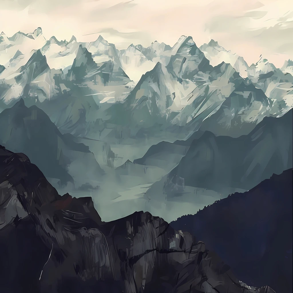 There are several snow-capped mountains in the distance, Mountain View, Low Detail. Digital Painting, high detail Digital Painting, detailed Digital Painting, Mountains, 背景中的Mountains, very detailed Digital Painting, 4 k Digital Painting, 4k Digital Painting, Behind it is the mountains, There are some mountains in the background, Digital Landscape Art, Digital concept art