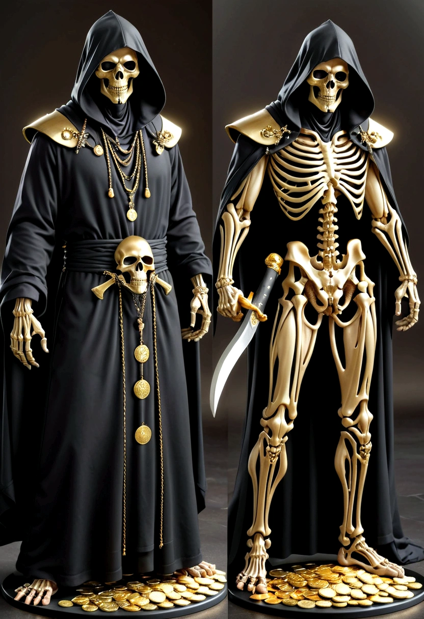 Grim Reaper character with skull face, black hooded robe, liquid gold details all over his face, jade stone inlays on his accessories, gold ingots and coins behind him, scythe in his skeletal hands, hyper-realistic, artistic