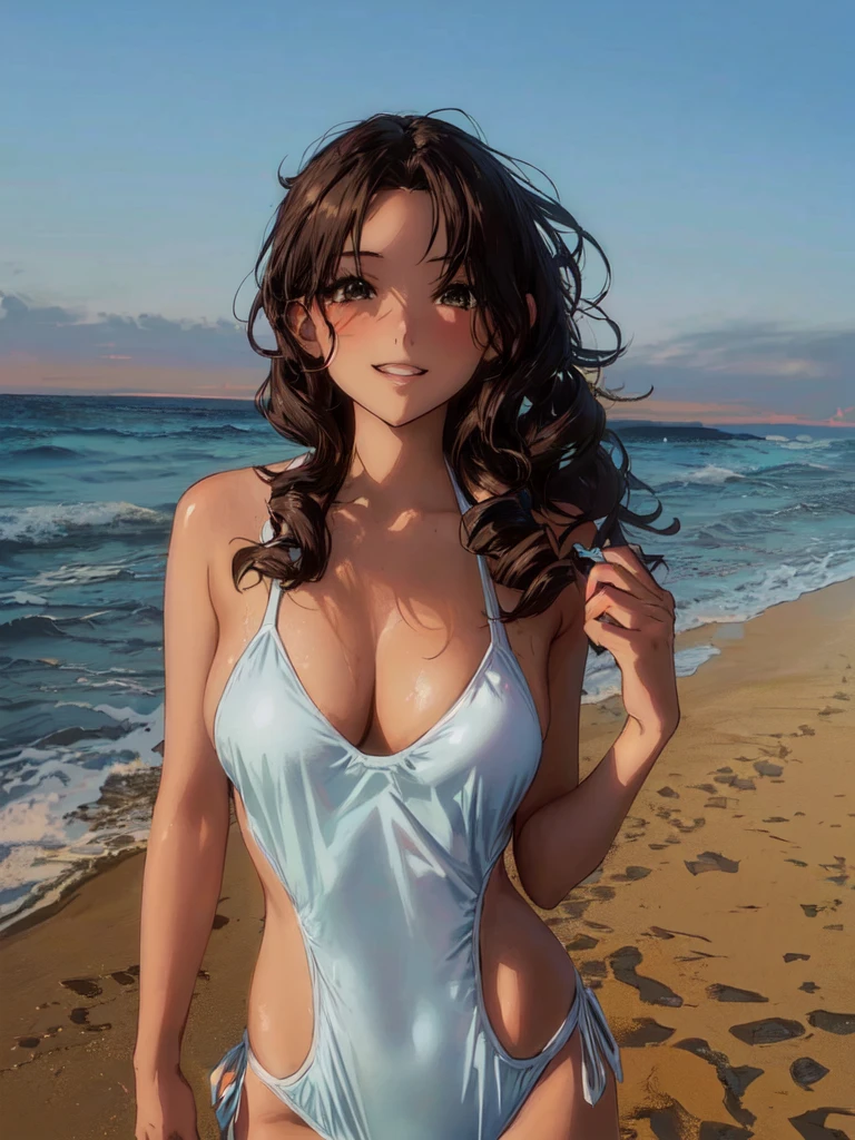 Anime girl, waved hair, in a swimsuit, on the beach,  evening, anime style