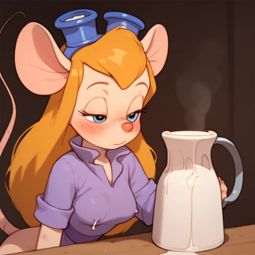 score_9, score_8, score_7, score_6, mouse tail, gadget, cartoon, score_9, score_8_up, score_7_up, sourc_anme, 1girl, half closed eyes, :o, blush, long hair, solo, milking self, coffee mug, (((milking into mug))), ((one breast out)), indoor, blurry background, pouring breasts milk, leaning forward, (flowing into mug), (pouring into mug, milk flowing from nipple into mug), (breast squeeze), :o, hand on one breast, looking away, standing,   table, (coffee shop), large breasts, unbuttoned, white shirt, yellow apron, pov, open mouth, shy, embarrassed, no pants, no panties, lactation, nipple, boob