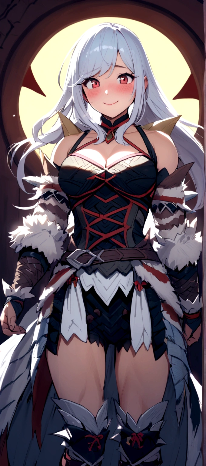 ((monsterhunter)), looking the viewer, solo, girl, shy, red cheek, bashful, embarrassed, smiling, happy, perfect face, muscular,  long hair, beautiful eye, upper body
