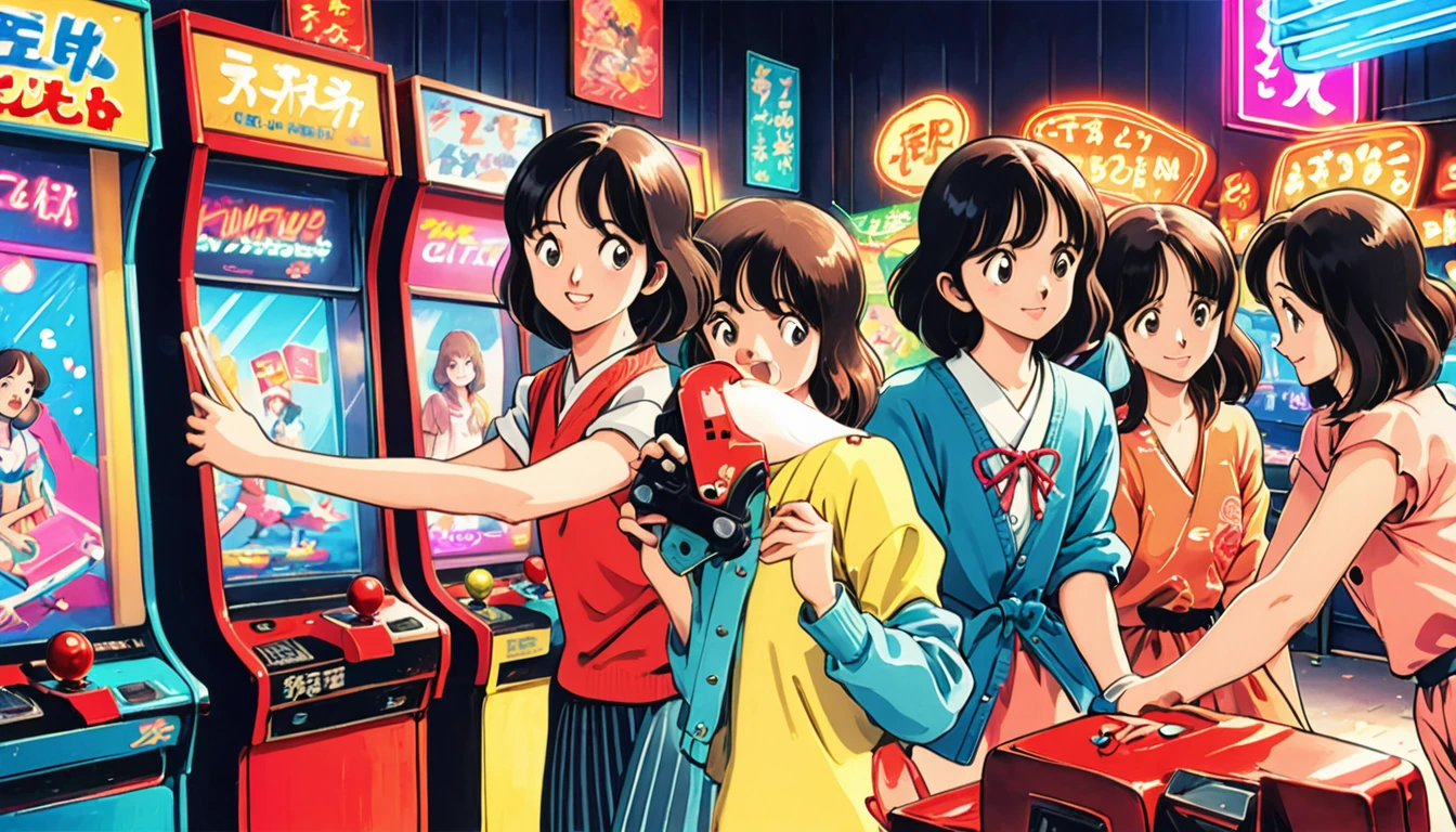 retro Showa style, girls at an arcade, colorful and emotional, vintage games, neon lights, high resolution, nostalgic and fun, bright and lively scene