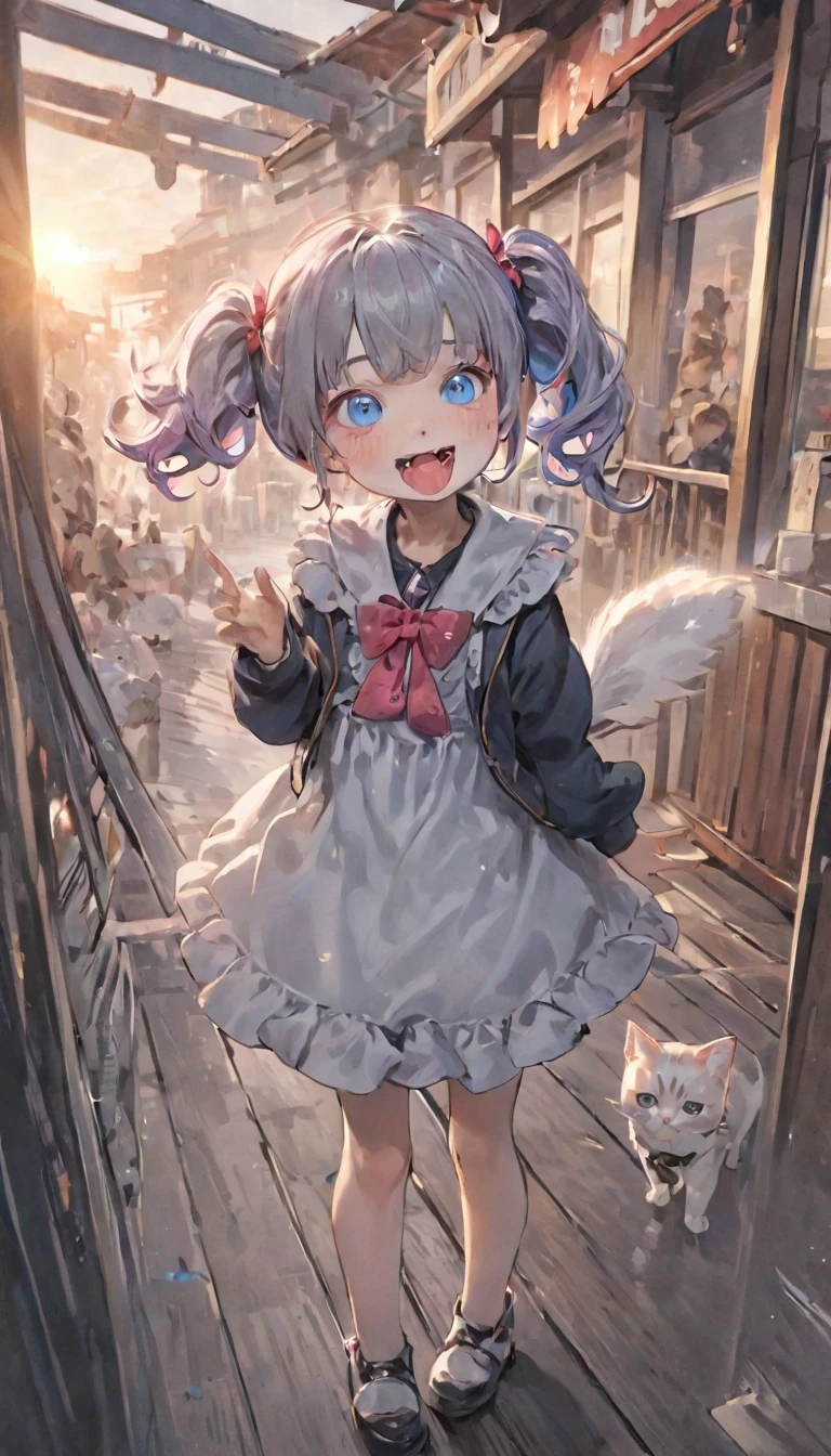 Highest quality、masterpiece、One Girl、12 years old、White skin、Wicked Smile:0.8、Open your mouth、(Sticking out tongue)、Pink Hair。Twin tails、Hair Clip、big hair clip、Cute Hair Clips、Gray eyes、Little red cheeks and nose、BREAK、A very detailed drawing of a calico cat、Insane Details、Highly detailed cat、Blue Eyed Cat、A calico cat strolling around as if it owns the place、Calico cat walking on the promenade、BREAK、Happy, Warm and soft lighting, sunset, (spark:0.7)