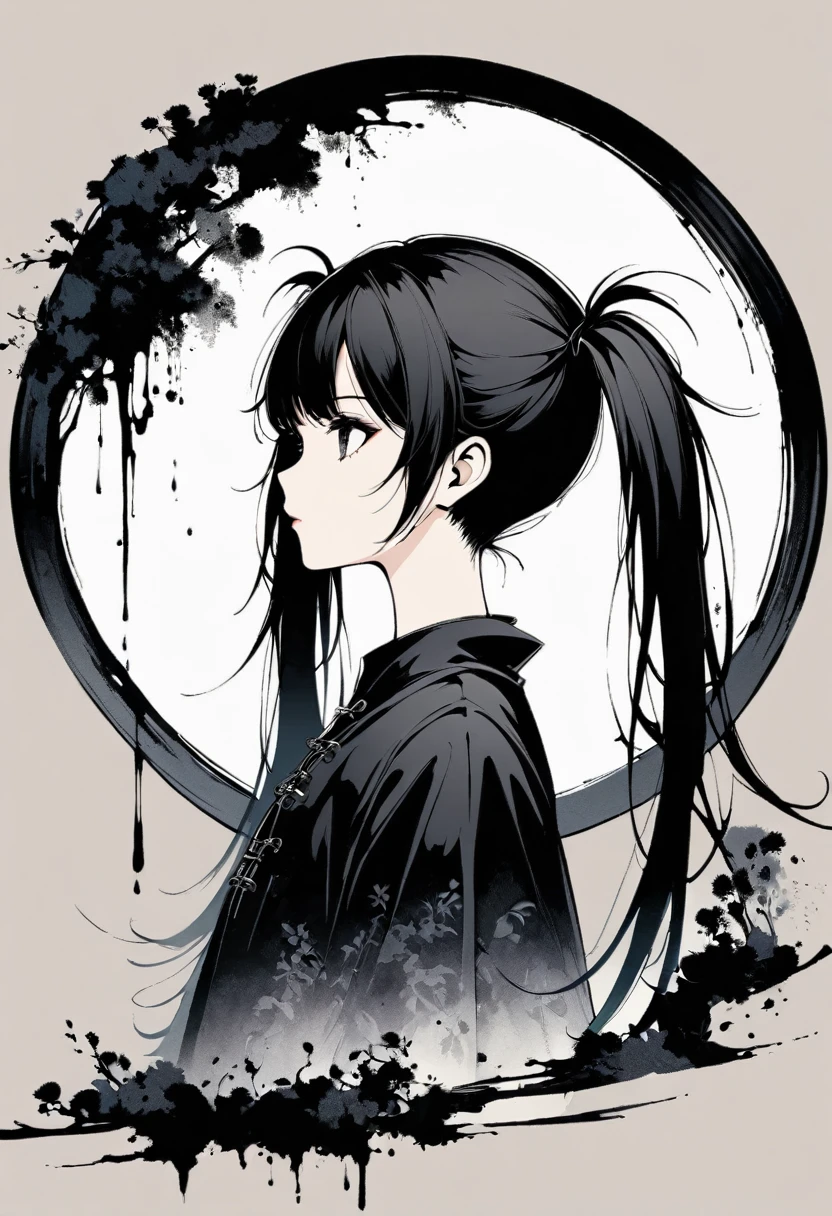 a girl with long twin pigtails, gothic aesthetic, minimalist, linear style, negative space, ink painting, abstract
