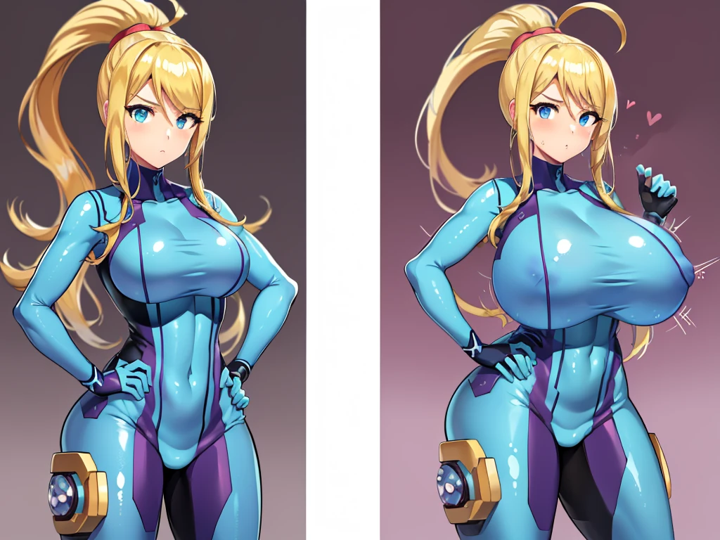 Masterpiece, high quality, highres, anime, perfect anatomy, (breast_expansion, cowboy shot, (2girls), 2 panels, simple background, flat to gigantic breasts, same woman, hands on hip, facing viewer head on, samus aran, blue bodysuit, ponytail