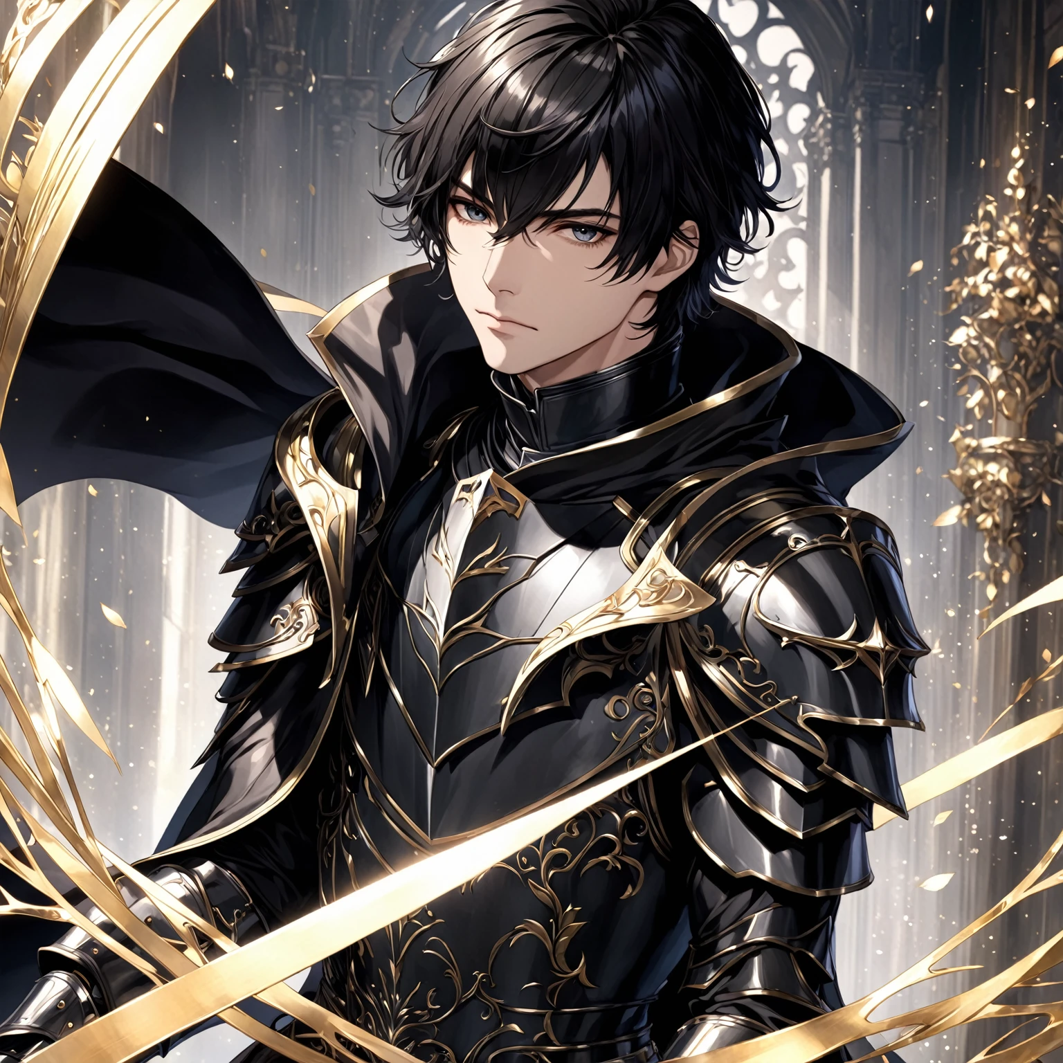 masterpiece, best quality, 1man, adult, male focus, solo, medium hair, black hair,, looking at viewer, cape, High quality metal texture, overcoat, closed mouth, upper body, bangs, high collar,(kbxll:0.6), Fantasy aesthetics, Highly detailed, shadowverse style, armored gloves, metallic gloves, black armor