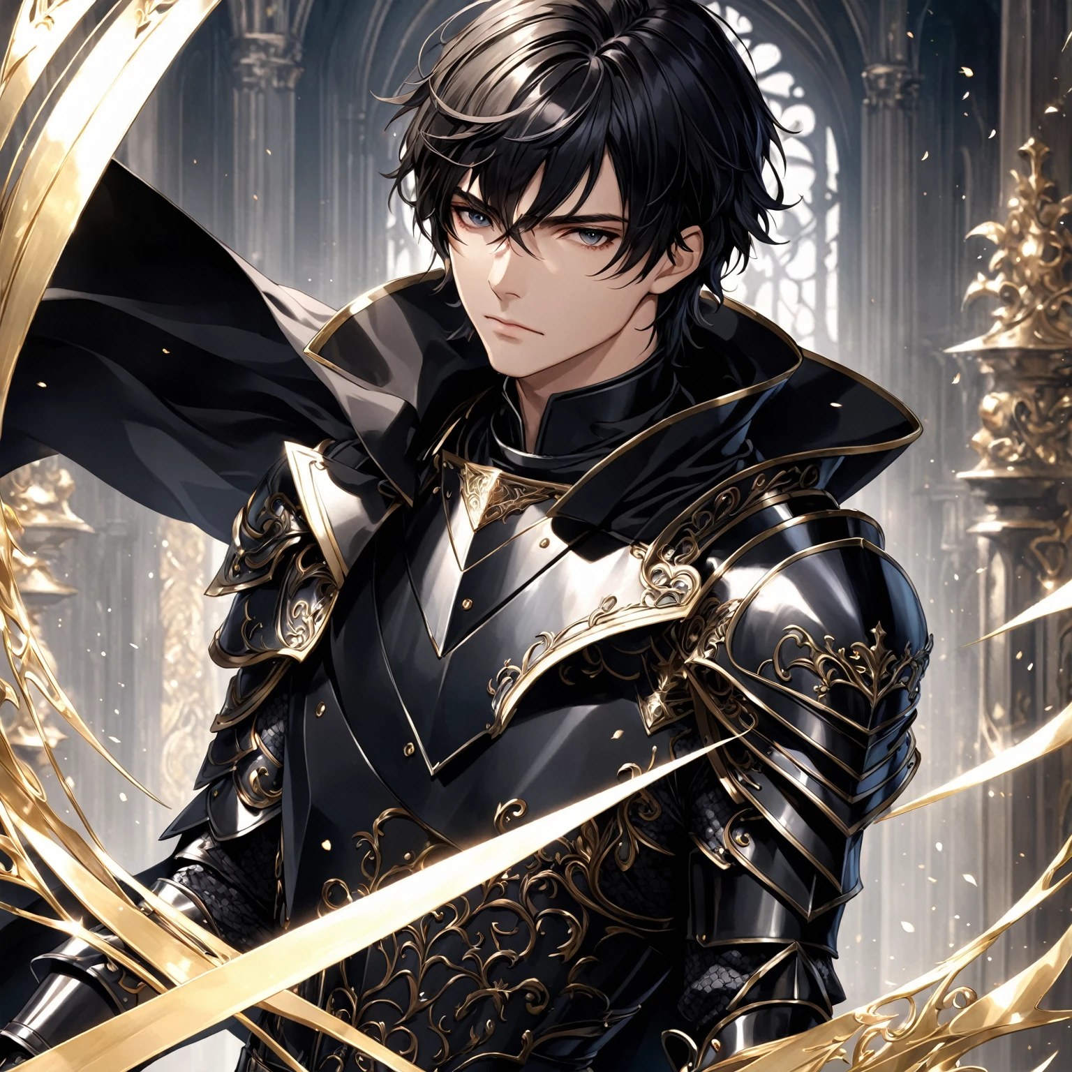 masterpiece, best quality, 1man, adult, male focus, solo, medium hair, black hair,, looking at viewer, cape, High quality metal texture, overcoat, closed mouth, upper body, bangs, high collar,(kbxll:0.6), Fantasy aesthetics, Highly detailed, shadowverse style, armored gloves, metallic gloves, black armor