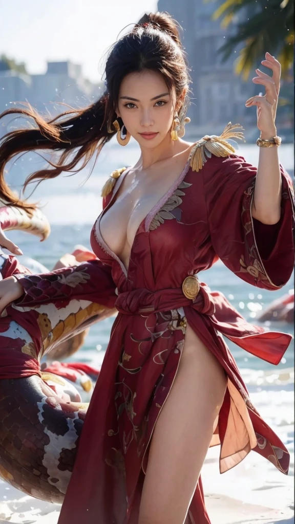 (masterpiece, best quality:1.2), face detail, finger detail, foot detail, body detail, giant boa queen, 1 giant snake and 1 beautiful girl, hancock boa, looking at viewer, pirate, open robe, epaulettes, cleavage , big breasts:1.4, jewelry, earrings, (masterpiece, best quality, super quality, 8k, absurd, highly detailed, (realistic: 1.4, ), sweaty, soaking wet, jewelry, flirty facial expressions, sexy girl, quality best, pirate ship background, face detail: 1.4, detailed hands, bright light contrast.