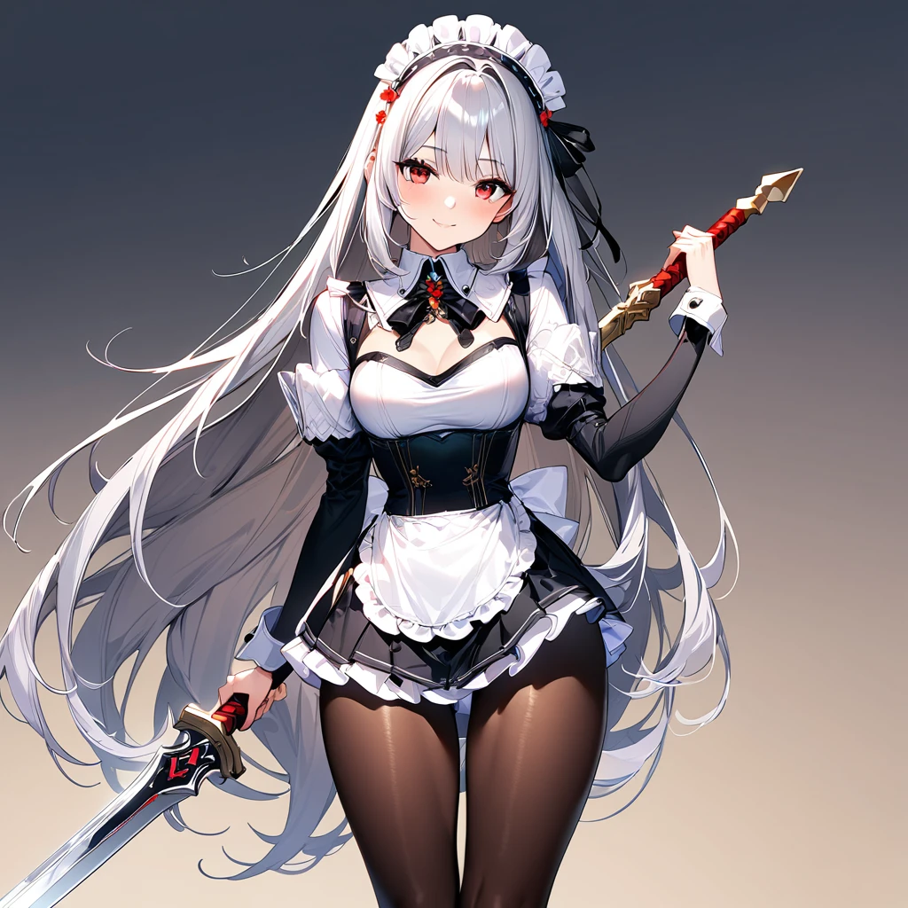 (masterpiece),(Highest quality),(Super detailed),(Best illustrations),(so beautiful), so beautiful長い脚,Silver Hair, Red eyes, Captivating smile, Very long hair, pantyhose, Maid, headdress, apron, mini skirt, holding weapon, decorated long sword