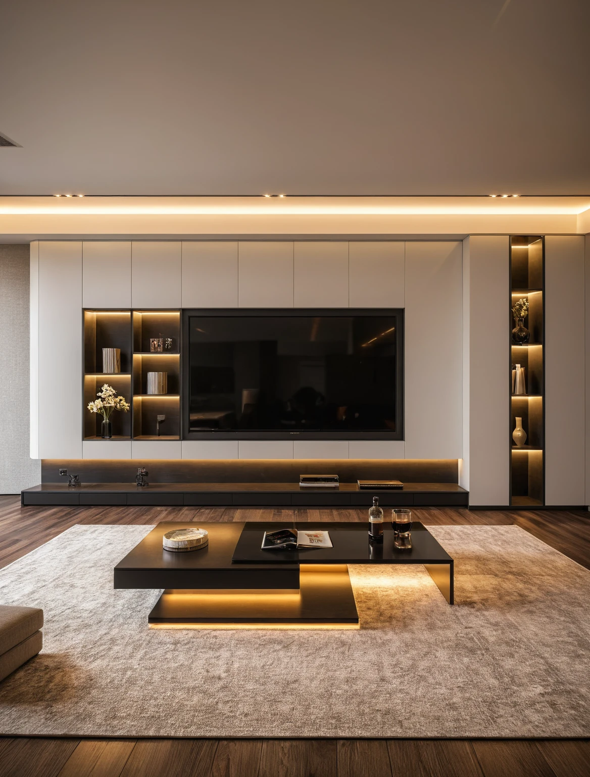 Raw photo,Masterpiece, high quality, best quality, authentic, super detail, interior , sunset, daylight, living room style Modern luxury, TV cabinet, TV, decorative cabinet, books, flower vases, bottles, tea table, tray, wine bottle, open book, carpet, wooden floor, curve, ((black tones))