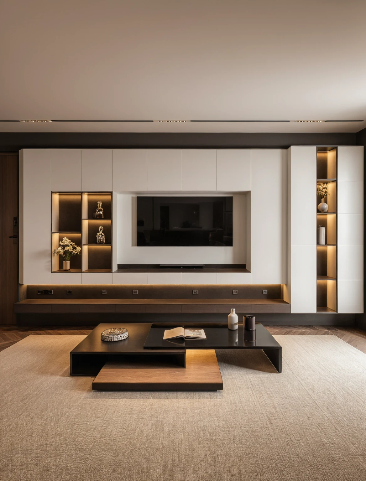 Raw photo,Masterpiece, high quality, best quality, authentic, super detail, interior , sunset, daylight, living room style Modern luxury, TV cabinet, TV, decorative cabinet, books, flower vases, bottles, tea table, tray, wine bottle, open book, carpet, wooden floor, curve, ((black tones))