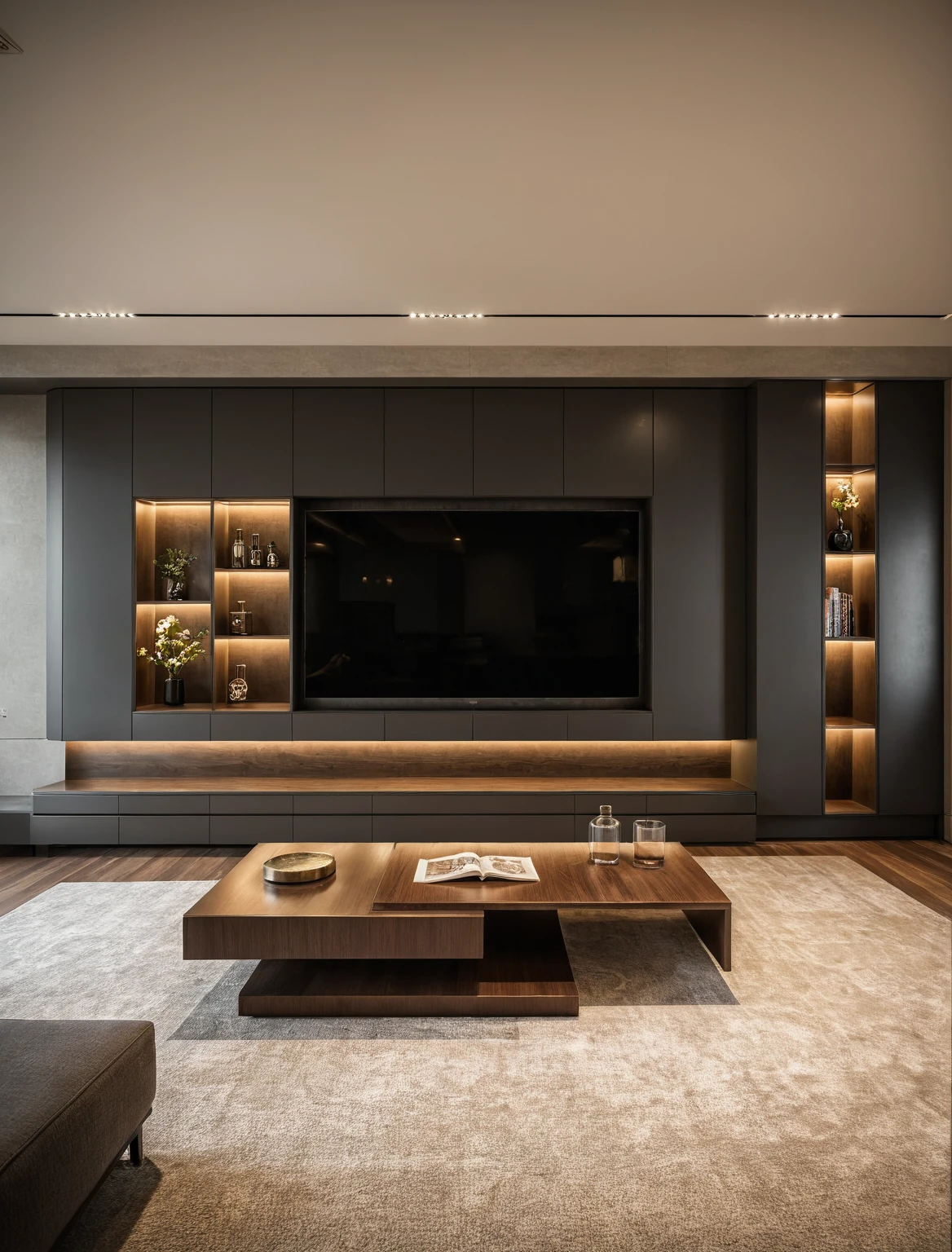 Raw photo,Masterpiece, high quality, best quality, authentic, super detail, interior , sunset, daylight, living room style Modern luxury, TV cabinet, TV, decorative cabinet, books, flower vases, bottles, tea table, tray, wine bottle, open book, carpet, wooden floor, curve, ((black tones))
