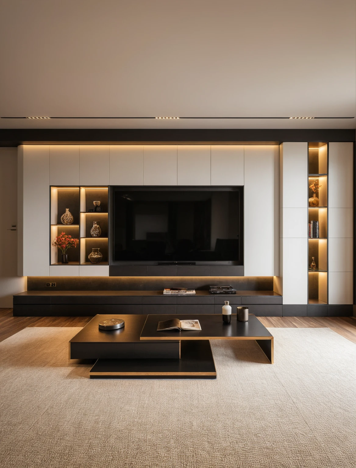 Raw photo,Masterpiece, high quality, best quality, authentic, super detail, interior , sunset, daylight, living room style Modern luxury, TV cabinet, TV, decorative cabinet, books, flower vases, bottles, tea table, tray, wine bottle, open book, carpet, wooden floor, curve, ((black tones))