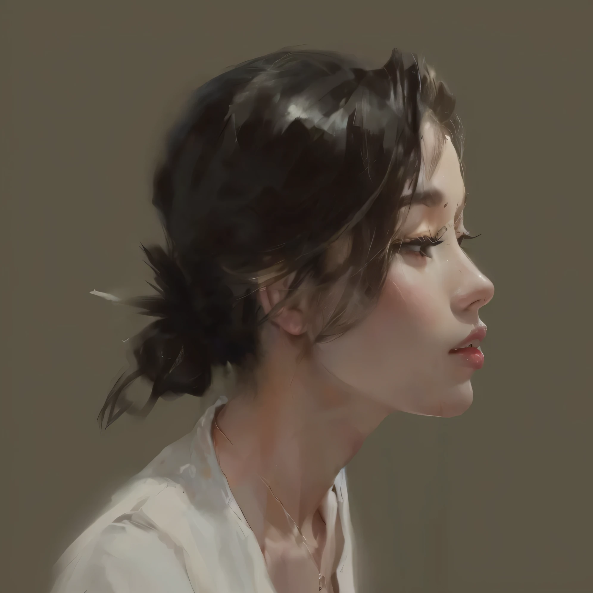 The painting shows a man wearing a white shirt、Woman with messy bun, Portrait Study, Digital Portrait, Easy to learn, Profile portrait, Master's Research, Digital Art Portraits, Profile portrait, Face Research, 8K Digital Painting, 4K Digital Painting, 4K Digital Painting, Digital Illustration Portrait, Oil painting numbers, Digital 4K , Digital Painting