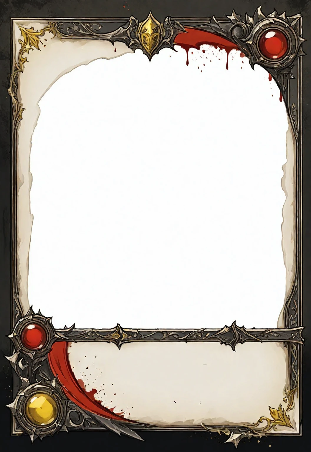 A card border UI，Medieval European fantasy style，Suspense style，Profile Style。Leave a square blank space in the middle，Parchment backing，There are blood stains on it。Black and White、yellowish、Dark red main color。