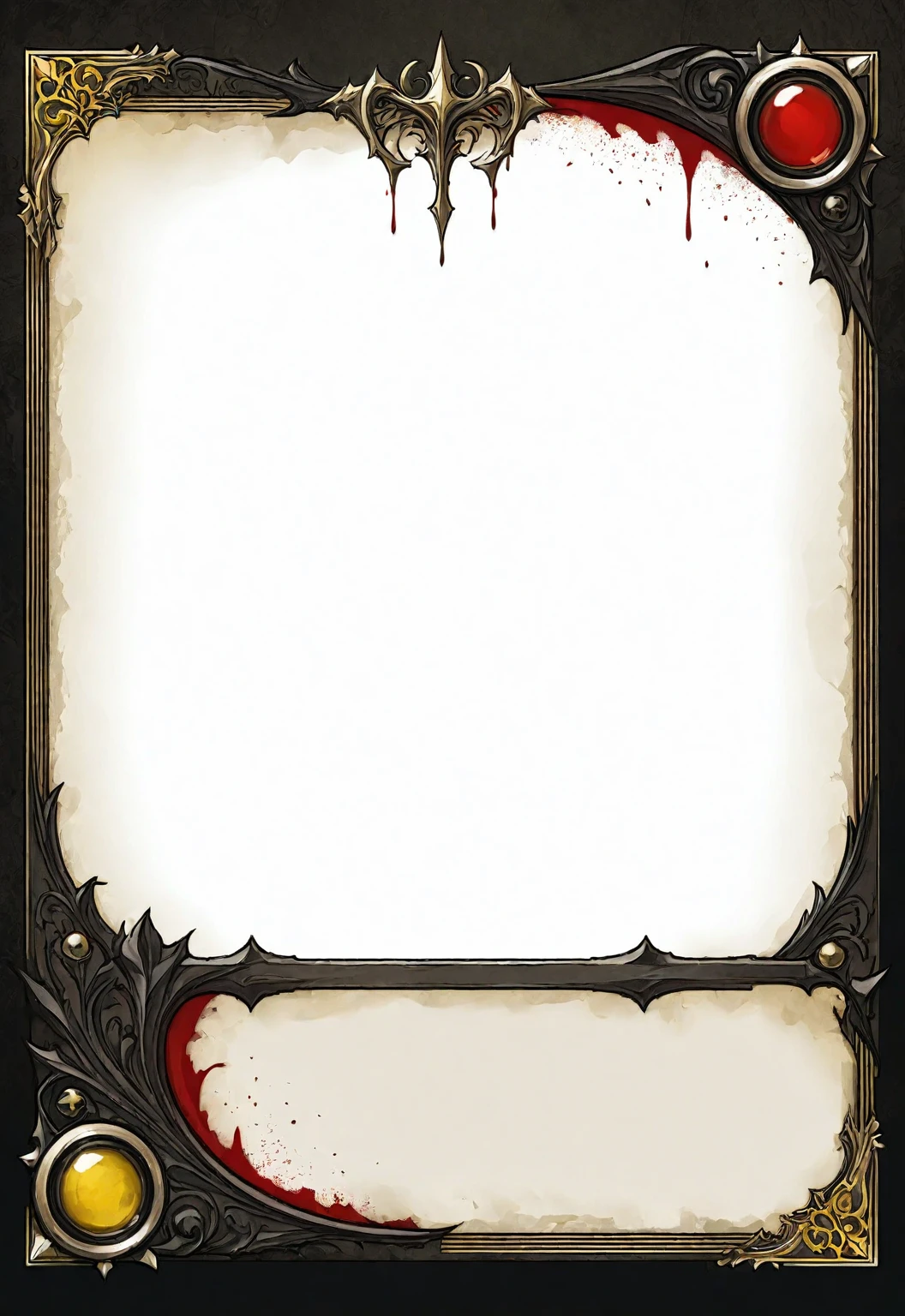 A card border UI，Medieval European fantasy style，Suspense style，Profile Style。Leave a square blank space in the middle，Parchment backing，There are blood stains on it。Black and White、yellowish、Dark red main color。