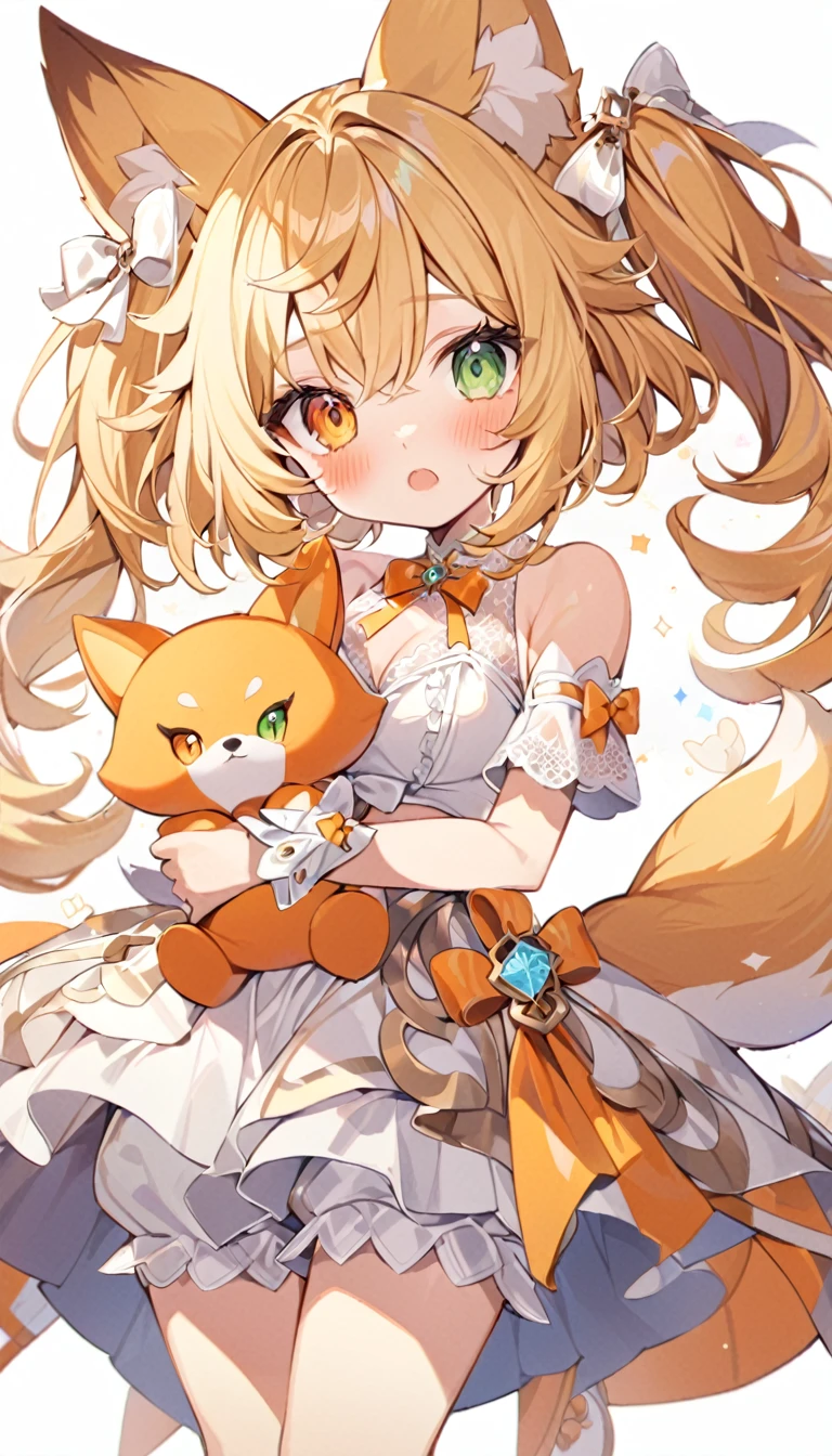 The fox girl,1girl, animal ears, bangs, bare shoulders, blonde hair, blush, bow, breasts, white cleavage, cropped torso, , green eyes, hair ribbon, heterochromia, holding, holding stuffed toy, looking at viewer, open mouth, orange bow, orange eyes, orange ribbon,  ribbon, solo, stuffed animal, , , twintails, upper body, full-length, white legbands, white shoes with lace and white bows, white background, wrist cuffs, yellow eyes, bloomers, close-up, fair skin frills, lace, midriff, skirt, solo, , white background,shorts, white top with ribbon and lace and trousers,trousers, genshin,white slippers with a bow,All clothes are white, laceAt full height, it stands