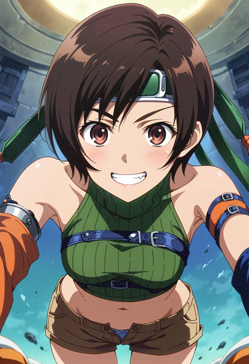 core_9, score_8_up, score_7_up,,BREAK source_anime, from below,low angle ,standing,straight-on,medium shot,looking_at_viewer,1girl, yuffie kisaragi, final fantasy, short hair,headband,navel,sleeveless,turtleneck,brown eyes,sleeveless turtleneck,solo,breasts,looking at viewer,smile,gloves,crop top,brown hair,shorts,midriff,,sweater,open fly,fingerless gloves,ribbed sweater,medium breasts,yufi_kisaragi, (best quality),(aesthetic,very aesthetic),masterpiece, highres, (anime screenshot:0.5),