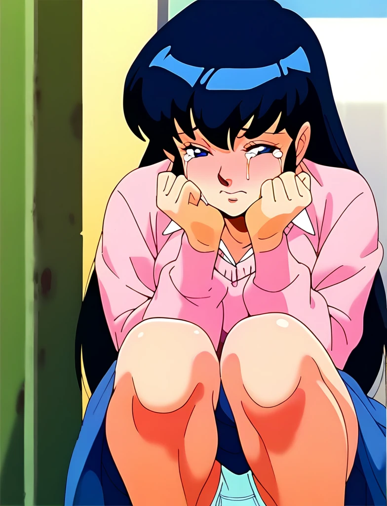 Kyoko,score_9,score_8_superior,score_7_superior,sauce_anime,One girl,alone,View your viewers,squat、Panties、face covered in semen,Pink Sweater,White collared shirt,length_skirt,blue skirt,cowboy_shot,Front view,Are standing,Crying face,:d,arms_behind_return,
