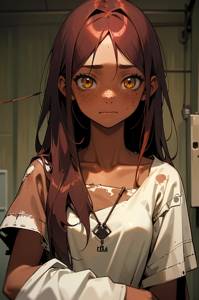 Cute face, girl, 10 years old, yellow eyes, tan skin, freckles messy long dark red hair, old, torn, hospital gown, emotionless expression, midnight, dark room, abandoned laboratory, body connected to countless wires, gazing at the camera, upper body