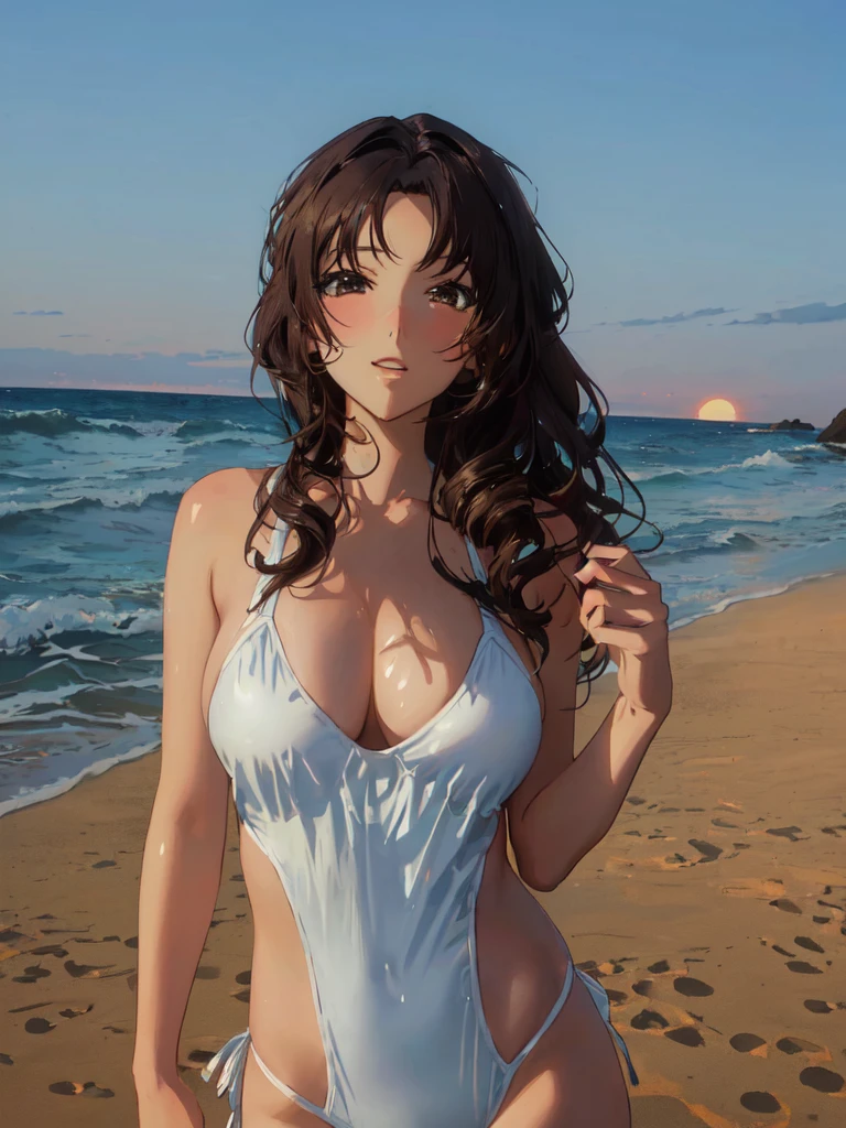 Anime girl, waved hair, in a swimsuit, on the beach, evening, anime style