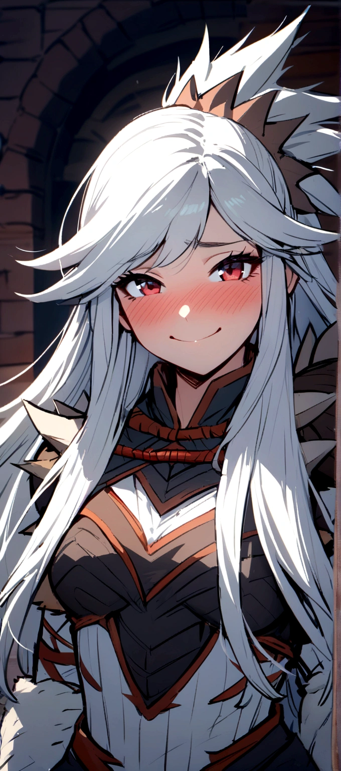 ((monsterhunter)), looking the viewer, solo, girl, shy, red cheek, bashful, embarrassed, smiling, happy, perfect face, muscular, long hair, beautiful eye, upper body