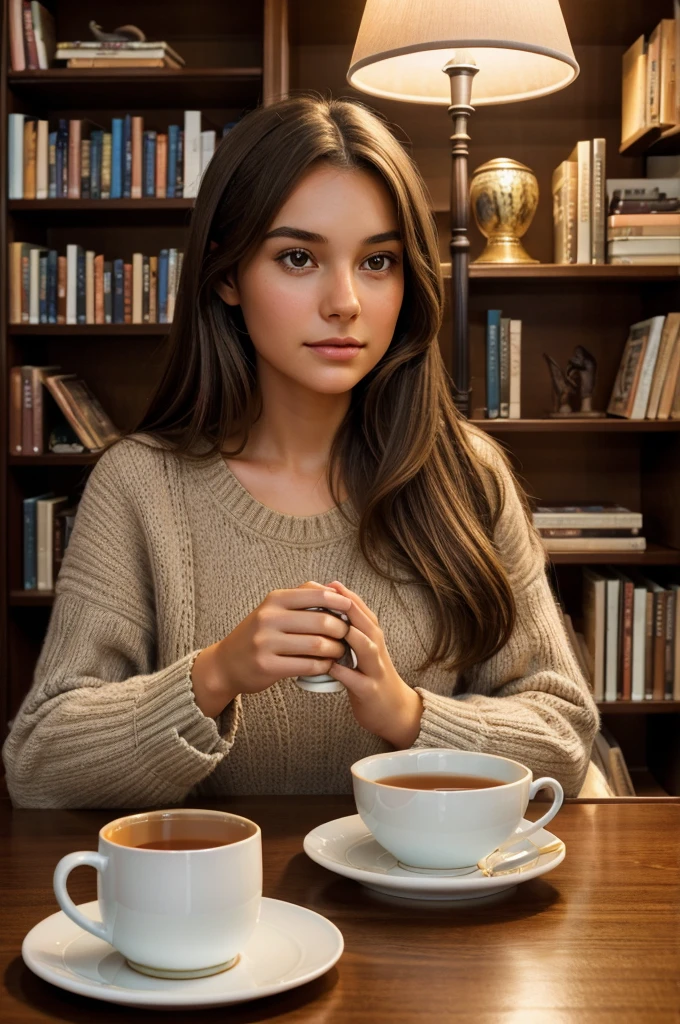 Illustration for books and magazines, a girl with brown hair, a close-up look on her face with a focused image, a cup of hot tea on the table next to her, a bookcase in the background, a lamp shining on the room