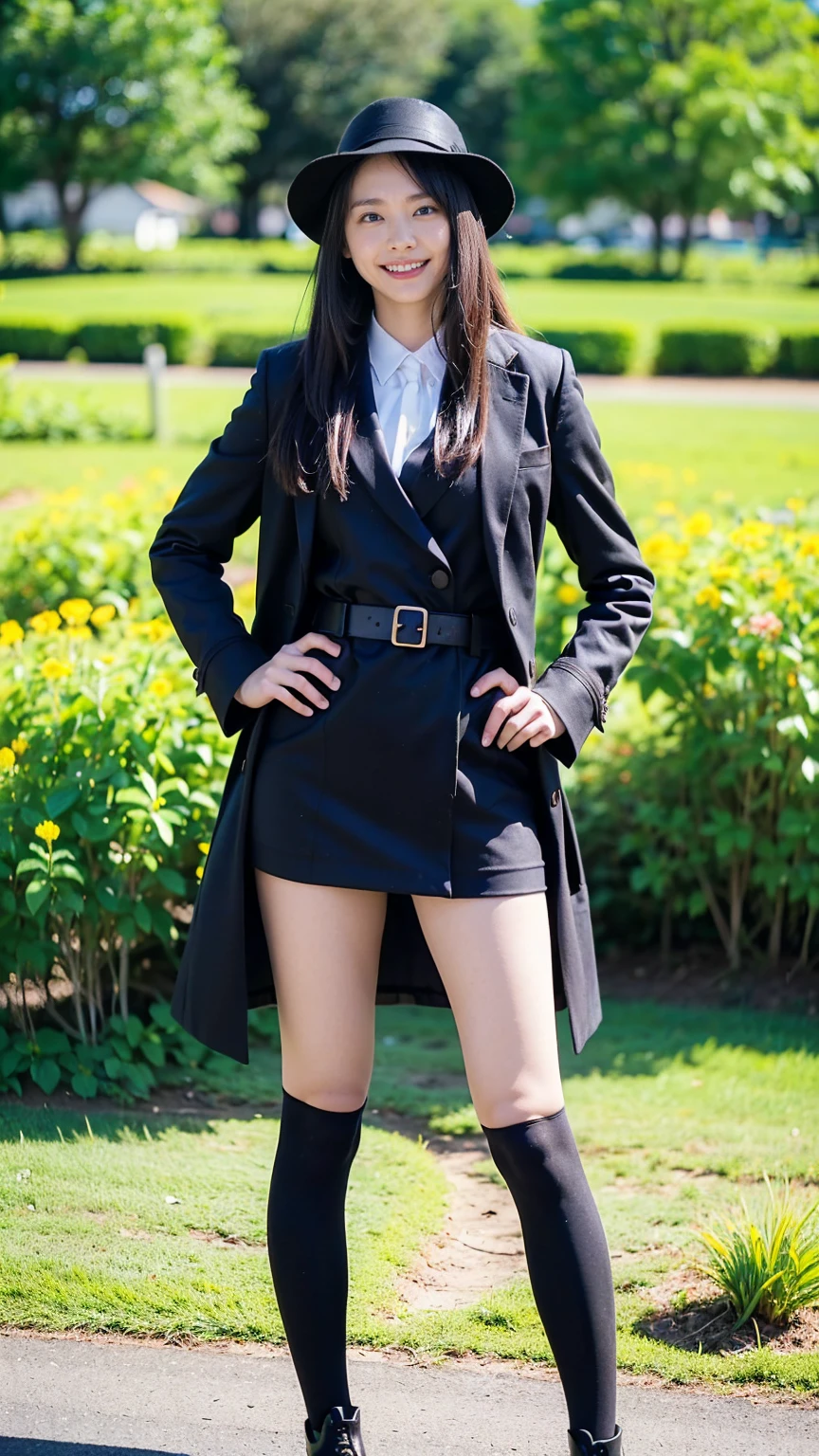 (8K、RAW Photos、Highest quality、masterpiece:1.2)、(Realistic、Realistic)、1 Girl、((Check mini skirt、Long coat、Medium Hair、black、Thin legs、whole body、boots、blackいコート、one piece、tights、garden、View from the front、smile、Looking into the camera、belt、Stand with hands on hips))、cute