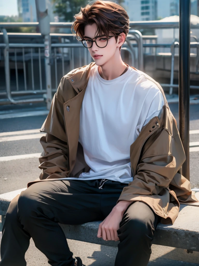 1  boy, detailed eyes, curly brown hair, pale smooth skin, sitting outdoors, black skinny jeans, plaid shirt outerwear, t-shirt, looks like model, (best quality,4k,8k,highres,masterpiece:1.2),ultra-detailed,(realistic,photorealistic,photo-realistic:1.37),hyperrealistic, cinematic lighting, professional photography, natural setting, warm color tones, pale skin ultra realistic soft smooth skin, soft smile, wearing glasses, skater boy vibe, sitting at skatepark, handsome man, very handsome face, white boy with handsome face, hair on shoulder