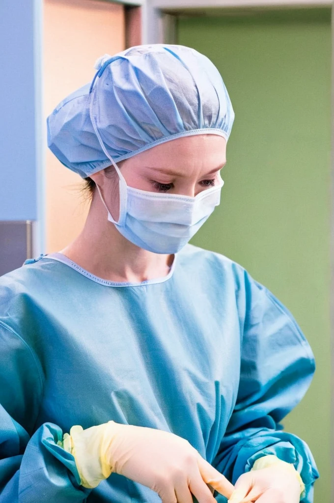 score_9, score_8_up, score_7_up, pale skin, his face showed signs of embarrassment, scrubs, surgical mask, surgical cap, long sleeve surgical gown, cover your ears,
1girl, big breasts, solo, rubber gloves, hospital bed, standing