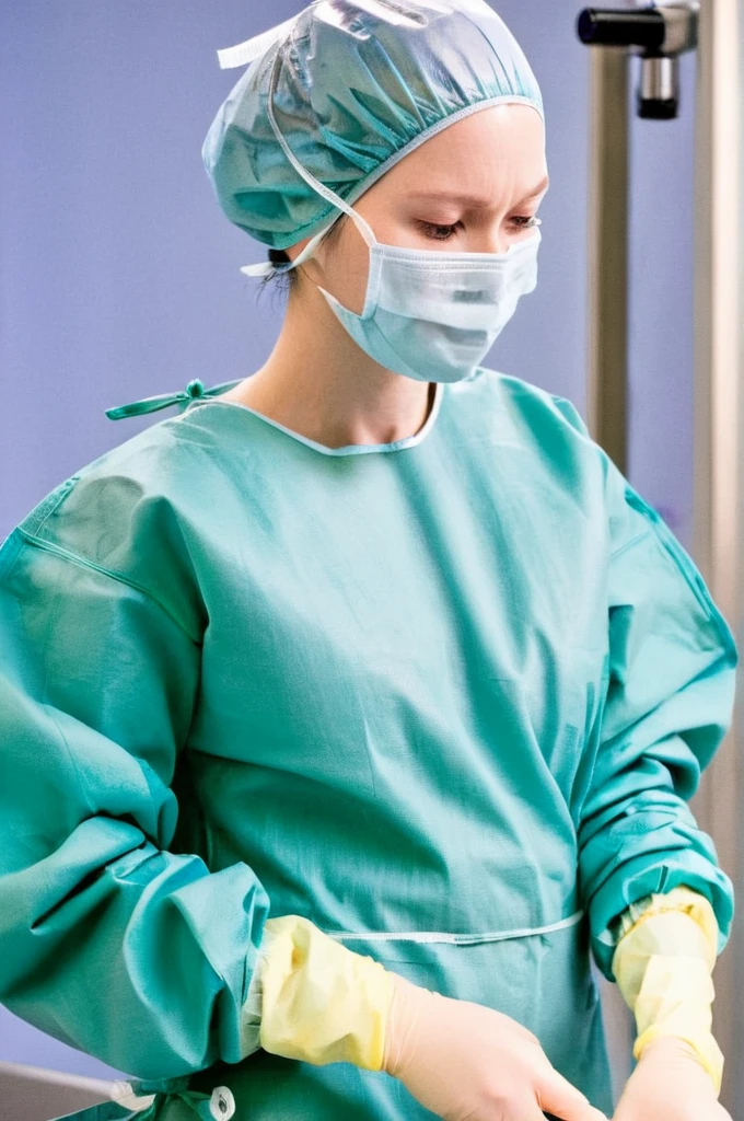 score_9, score_8_up, score_7_up, pale skin, his face showed signs of embarrassment, scrubs, surgical mask, surgical cap, long sleeve surgical gown, cover your ears,
1girl, big breasts, solo, rubber gloves, hospital bed, standing